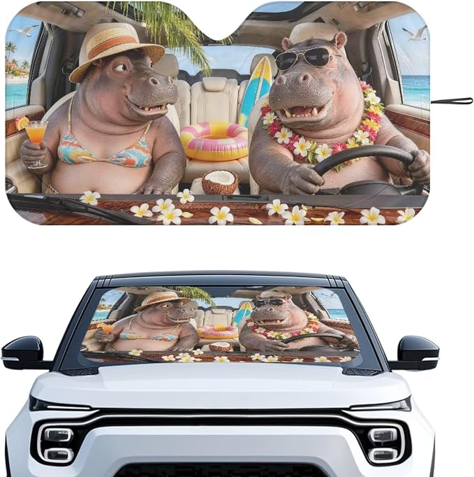 Funny Hippos Sun Shade for Car Windshield Foldable Front Windshield Shade for Sun Auto Vehicle Shield Reflective Sun Visor Block UV Rays Fit Car Front Window for Trucks SUV Van