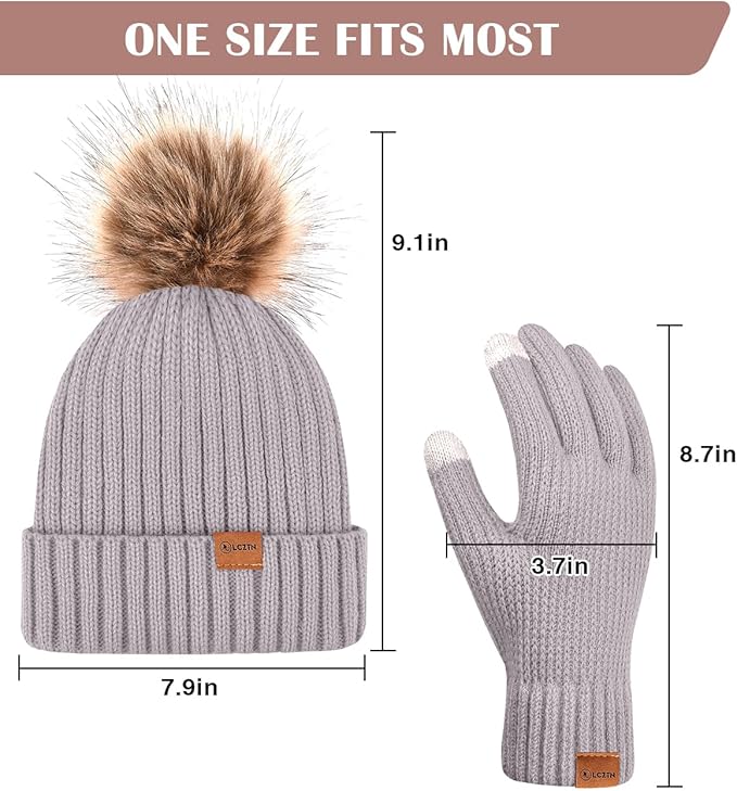 Womens Winter Beanie Hat Gloves Set,Fleece Lined Warm Knit Pom Pom Ski Hat Touchscreen Gloves Set Gifts for Cold Weather