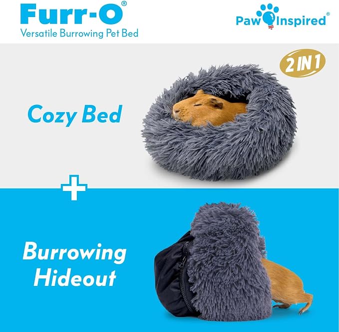 Paw Inspired Furr-O Burrowing Pet Bed Enrichment, Removable Base, Dark Gray | Cozy Carrier Toy, Zip-On Spandex and Fleece Bottoms, Hideout Cage Accessories for Guinea Pigs, Hamsters, Small Pets, Animals