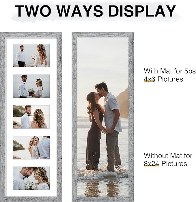 Vittanly 8x24 Collage Picture Frame, Displays 5Pcs 4x6 Pictures with Mat or 1Pcs 8x24 without Mat, Picture Frames Collage Wall Decor for Horizontal or Vertical Display, Grey, 1 Pack