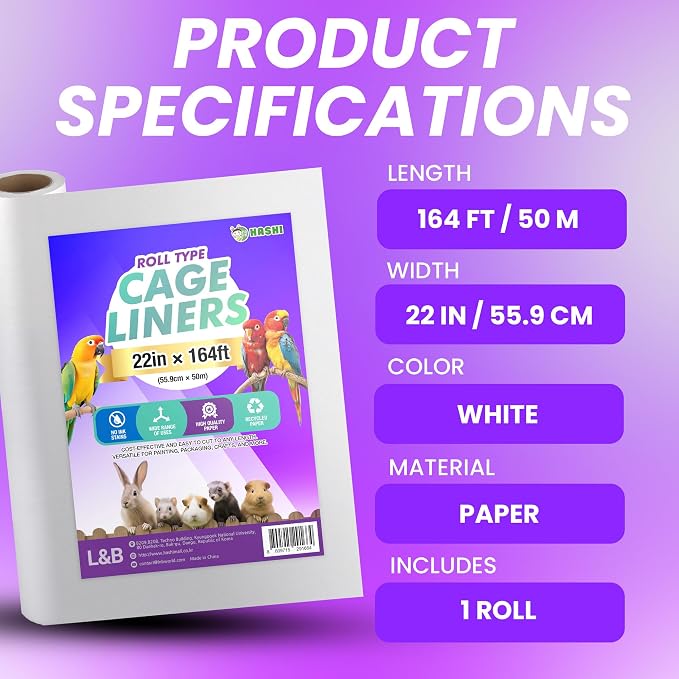 HA SHI Bird Cage Liners - Non-Toxic, Ink-Free Newsprint Paper for Parrots & Small Animals (164 ft Roll - 22" Wide (Trim-to-Fit)) | Roll-type cage liner, 22 in wide x 164 ft, ink-free newsprint. Trim to any length for birds and small pet enclosures.