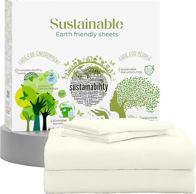 SUPREME ELEGANCE Queen Sheet Set – Natural 100% Long Staple Cotton Percale Sheets Queen Size Bed Set, Deep Pocket Snug Fit, Oeko-tex Made in Green Sustainable Hotel Quality Bedding, Light Ivory