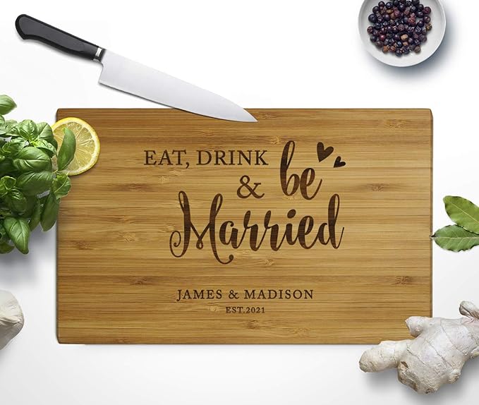 Andaz Press Personalized Laser Engraved Small Bamboo Wood Cutting Board, 9.5 x 6-inch, Eat Drink and Be Married Bride Groom Names Date, Custom Wedding Bridal Shower Birthday Gift Ideas