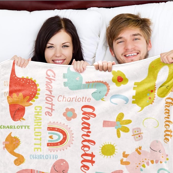 Personalized Dinosaur Blanket with Name for Girl, Custom Kids, Soft Flannel Pink Toddler Customized Gift Birthday Christmas Baby Shower Children Day, 40''x50'' child
