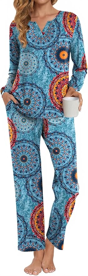 Anyally Women's Plus Size Pajama Sets Ladies Fall Pjs 2 Pieces Lounge Outfits V Neck Long Sleeves Sleepwear with Pockets