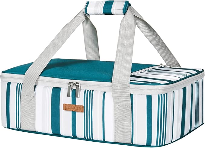 LUNCIA Insulated Single Decker Casserole Carrier, Lasagna Lugger Tote Keeps Food Hot or Cold, Thermal Lunch Bag for Potluck Parties, Picnic and Cookouts, Fits 9" x 13" Baking Dish, Green