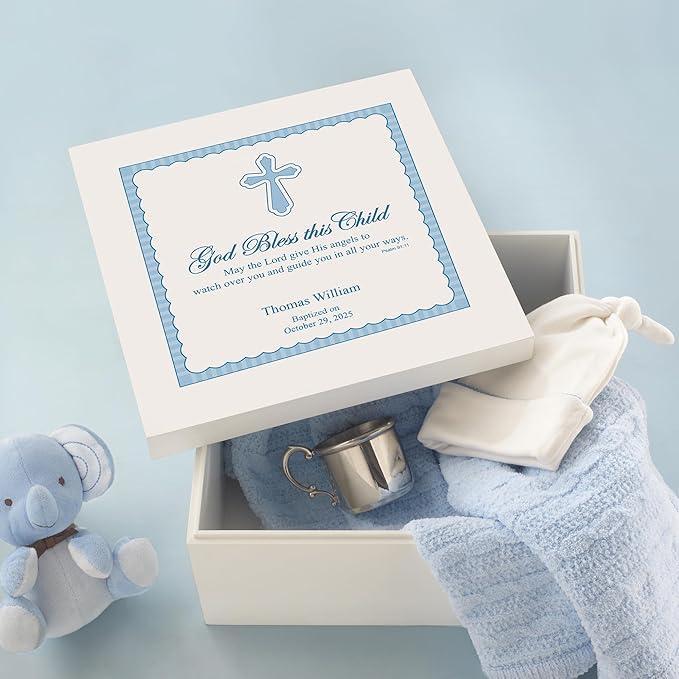 Let's Make Memories Personalized Keepsake Box for Blessed Child - Memories Box - Baptism - Confirmation - For Boys (Blue) - 6" Hx12 Sq