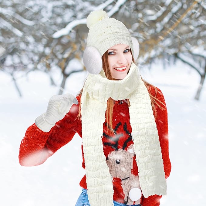 JenPen 4 Pcs Winter Hat Scarf and Gloves Set for Women Include Ear Cover Cold Weather Scarf Hat Knit Beanie Gloves