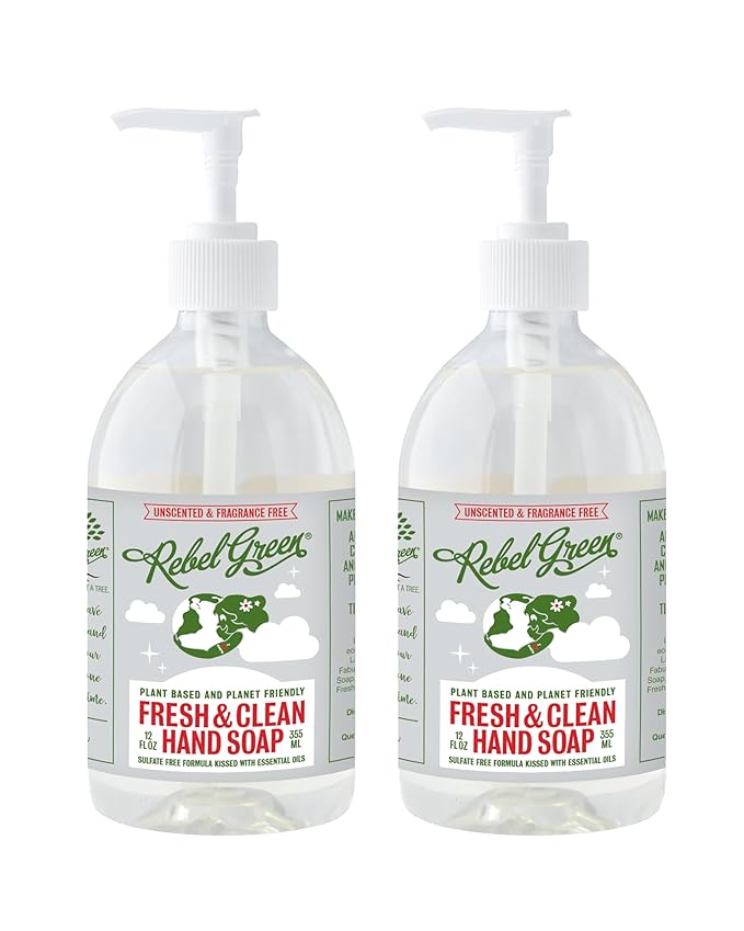 Rebel Green Fresh & Clean Hand Soap - Moisturizing Natural Liquid Hand Soap for Bathroom & Kitchen - Unscented, 12 Fl oz, Pack of 2