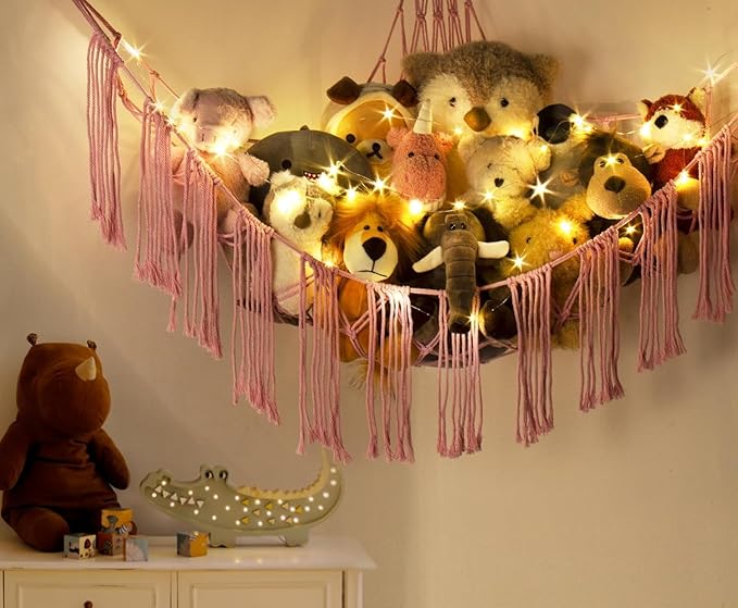 RelaxScene Stuffed Animal Storage Hammock Corner X-Large with LED Light - Baby Hammock Hanging Holder Plushies Net for Stuff Animals Organizer - Cute Room Decor Aesthetic Kids Toddler Nursery Bedroom