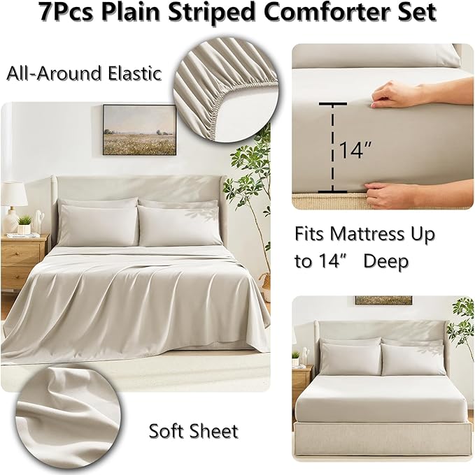 CozyLux Queen Comforter Set Beige, 7 Pieces Bed in a Bag, Beige Comforter Queen Size, All Season Bedding Sets with Stitch Quilted Comforter, Flat Sheet, Fitted Sheet, Pillowcases