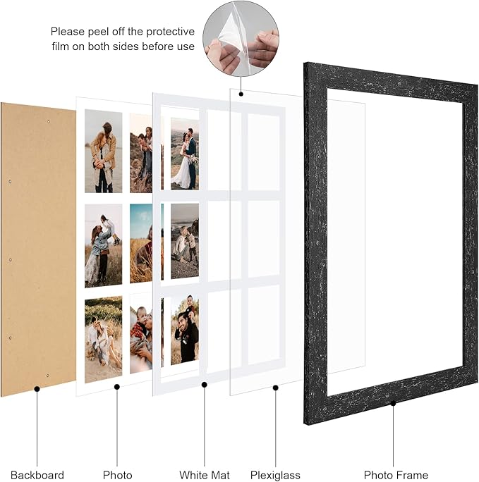 13.5x19.5 Picture Frame Display 9 opening 4X6 Picture Frame Collage,Multi Photo Frame with Mat,Plexiglass,Wall or Tabletop Decor,Black Wood Grain