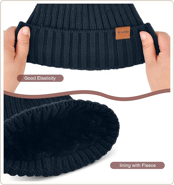 Womens Winter Beanie Hat Gloves Set,Fleece Lined Warm Knit Pom Pom Ski Hat Touchscreen Gloves Set Gifts for Cold Weather