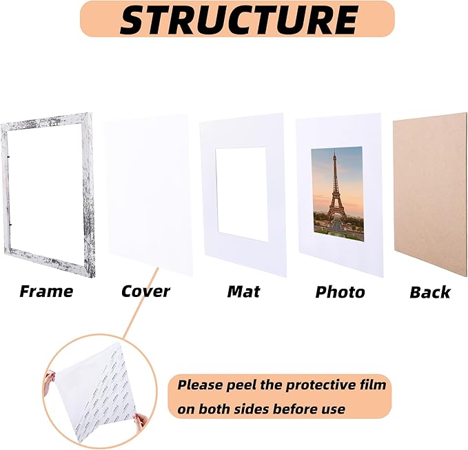 6 Pcs 12x12 Rustic White Wood Picture Frame - Display Pictures 8x8 with Mat or 12 x 12 without Mat - Distressed White Wooden Photo Frames for Wall Mounting 12 12 Matted to 8x8 Farmhouse Set of 6