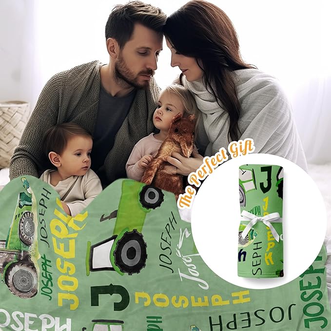 Personalized Tractors Blanket - Custom Name with Farm Tractor Trucks Design - Soft Plush Flannel Bed Blanket for Baby Kid Teen Boys Girls Customized Gifts Lime Green