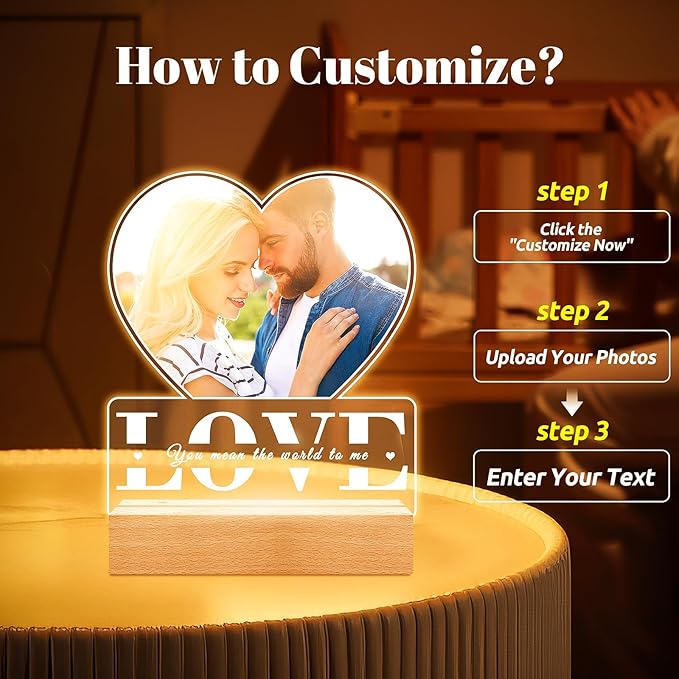 Personalized Picture Frame with Photo, Custom Photo Frame with Night Light, Customized Gifts for Girlfriend Boyfriend, Personalized Christmas Anniversary Couple Gifts for Women Men Her Him Wife