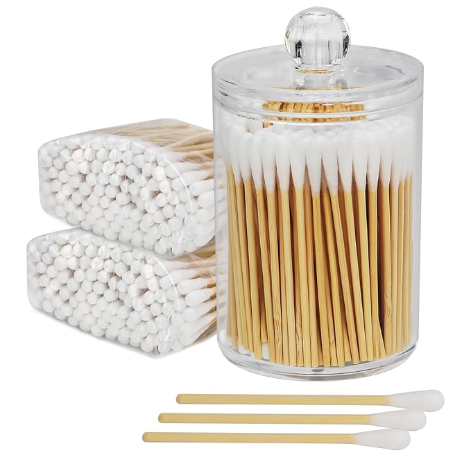 Bamboo Cotton Swabs with Plastic Holder, 200 Count (3 Inch) – Eco-Friendly Biodegradable Cotton Buds for Makeup, Pet Ear Care, Household Cleaning & Travel Storage Jar
