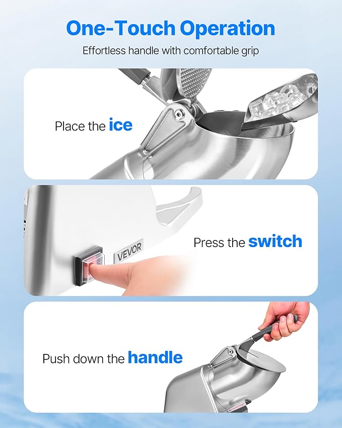 VEVOR Ice Crusher Machine, 143lbs Per Hour Electric 2 Blades Snow Cone Maker, Stainless Steel Shaved Ice Machine with Bowl and Cover, 300W 2000RPM Ice-Shaver for Home and Commercial Use, Silver