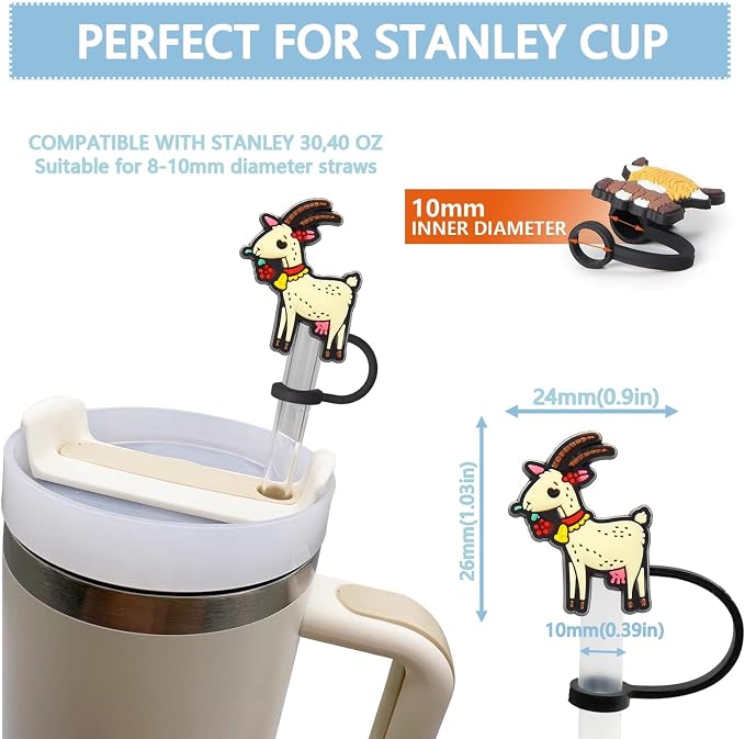Animal Straw Toppers For Stanley Cups;Straw Covers Cap Toppers Compatible With Stanley 30&40 Oz Tumbler, Reusable & Silicone Tumbler Straws Topper For 0.4 Inch Tips Animal Lover Gifts (Goat)