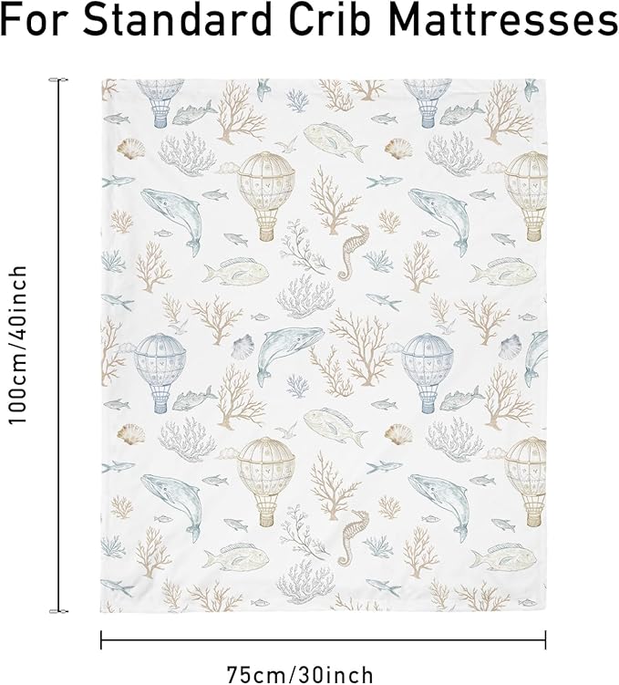 Whale Baby Fleece Blanket Neutral for Boys Girls, Soft Kid Throw Minky Blanket Double Layer with Dotted Backing, 30 x 40 Inch Blue Whale Hot-air Balloon Print