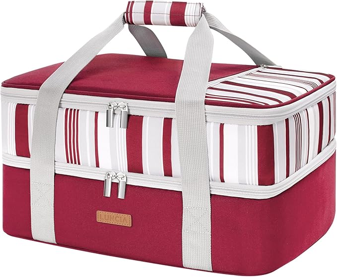 LUNCIA Insulated Double Decker Casserole Carrier, Lasagna Lugger Tote Keeps Food Hot or Cold, Thermal Lunch Bag for Potluck Parties, Picnic and Cookouts, Fits 9" x 13" Baking Dish, Red