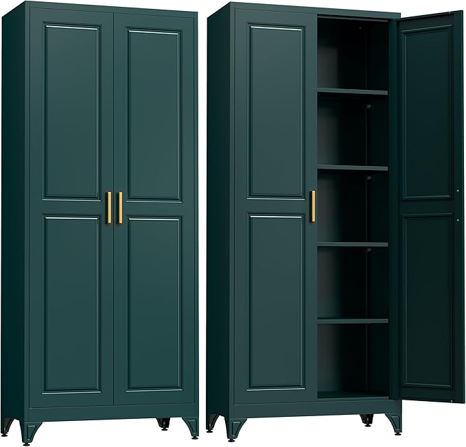 Kitchen Pantry Cabinet,75" Green Metal Storage Cabinets with Doors and 4 Adjustable Shelves,Kitchen Cabinet with 2 Gold Handles,Tall Cabinet for Livingroom,Pantry, Bathroom