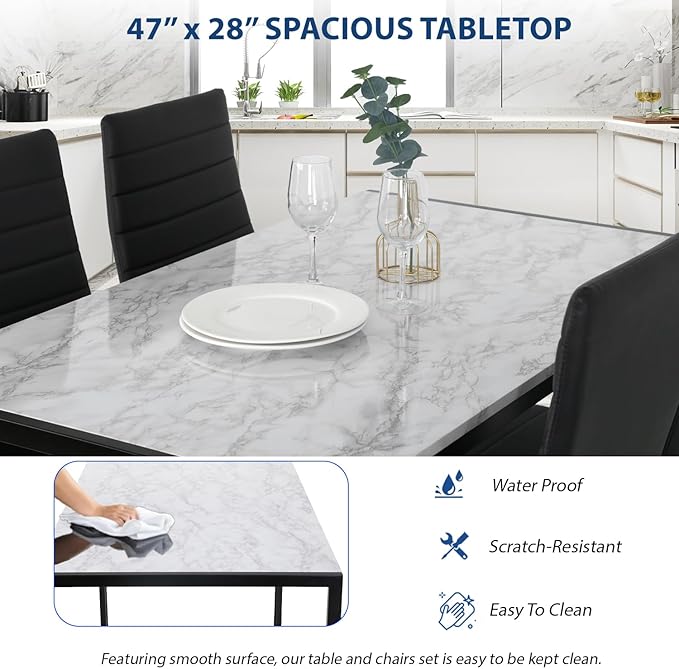 FDW Dining Table Set Dining Room Table Set for Small Spaces Kitchen Table and Chairs for 4 Table with Chairs Home Furniture Rectangular Modern (White Marble)