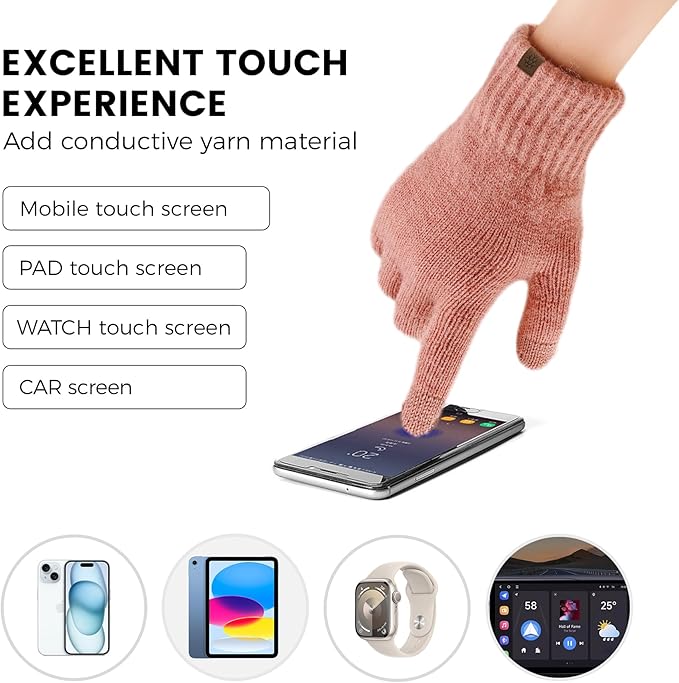 Womens Winter Beanie Hat Scarf Gloves Set, Knit Touch Screen Gloves Long Scarf Skull Caps Fleece Lined Winter Gift