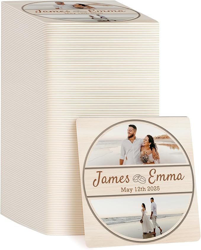 100 Pack Personalized Wedding Coasters, Custom Cardboard Coasters for Drinks with Photo Print and Text, Keepsake Wedding Favors and Gifts for Couples, 4x4 Square, Design 5