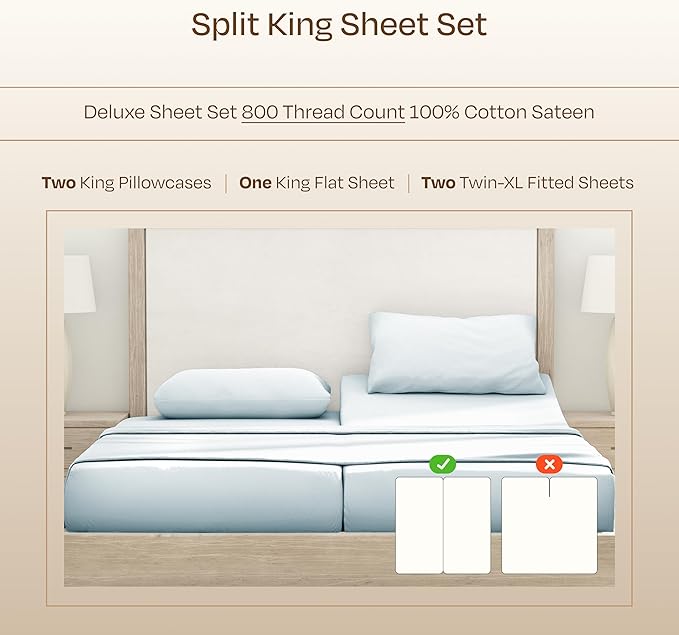 California Design Den Split Top King Sheets Sets for Adjustable Bed - Luxury Hotel 800 Thread Count Sateen, Natural 100% Cotton Sheets, Durable Deep Pockets Bedding Set - Blue (Grey Tone)