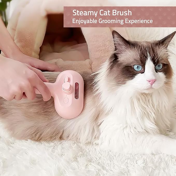 Bunny Ferret Steam Brush Release Button Self Cleaning Spray Comb for Long and Short Hair Cats Rechargeable Steaming Cat Grooming Brush Steamer to Remove Loose Hair (Pink)