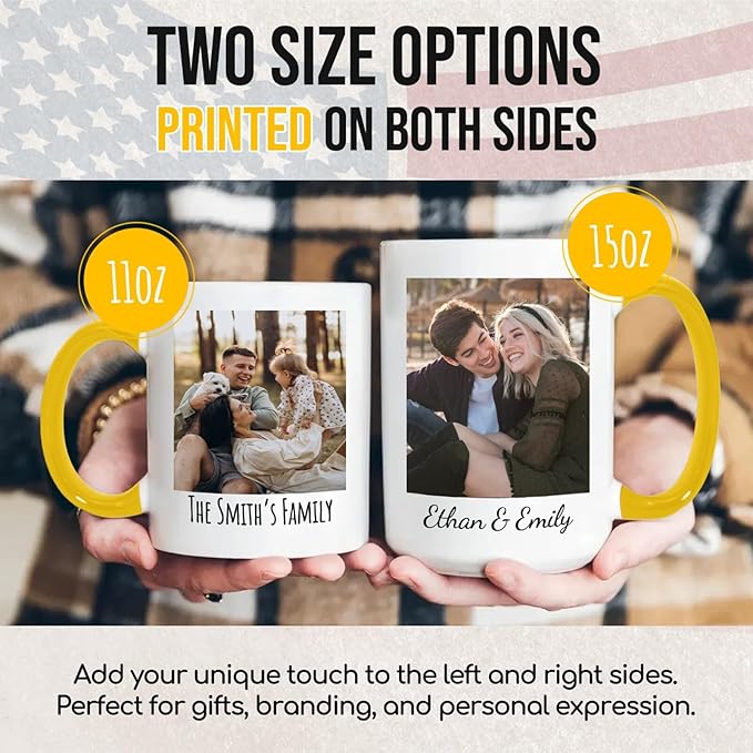 Ship Next Day Custom Mug Design Your Own Photo Text Personalized Picture Gifts for Women Men Customized Gifts Idea Personalized Coffee Mugs 15oz Yellow Handle