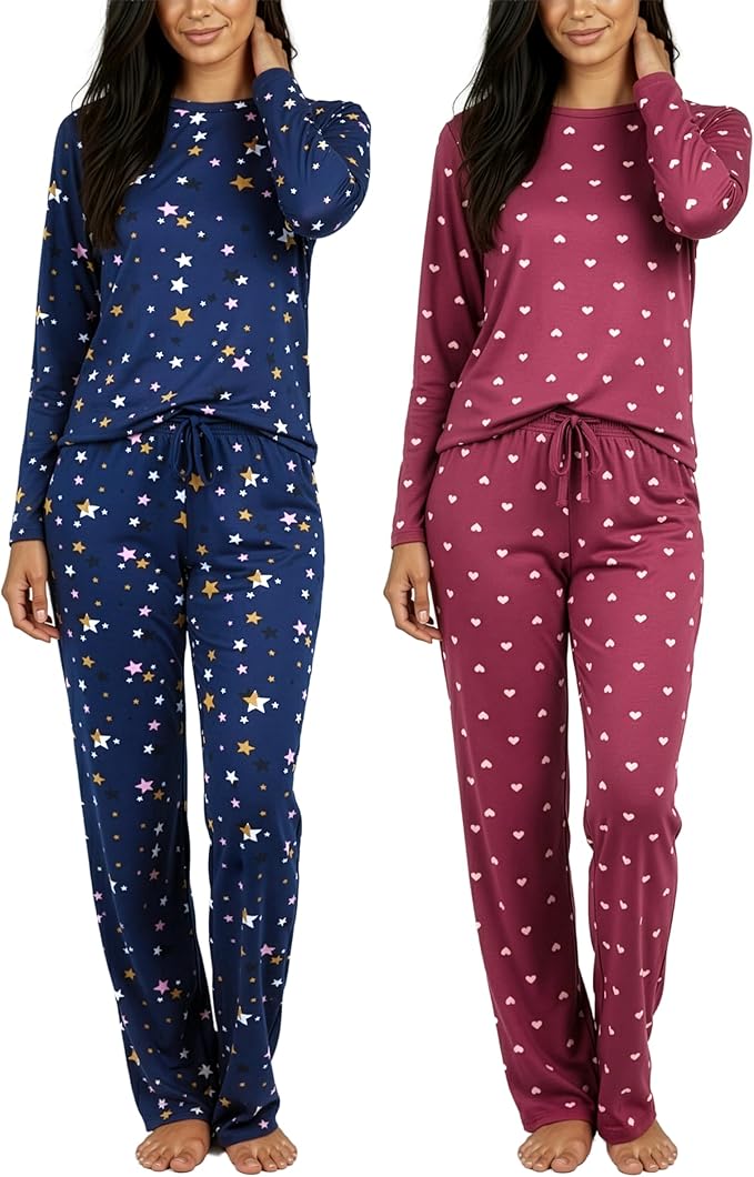 Real Essentials 2 Pack: Women's Comfy Pajama Sets - Short & Long Sleeve Ladies Loungewear Sleepwear PJs (Available In Plus)