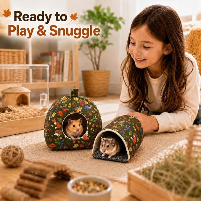 Hamster Hideout Tunnel Set, 2 Pack Washable Small Animal Bed with Removable Cushion, Cozy Play Tunnel Cage Accessories for Hamsters, Hedgehogs, Mice, Rats, Gerbils, Green Forest