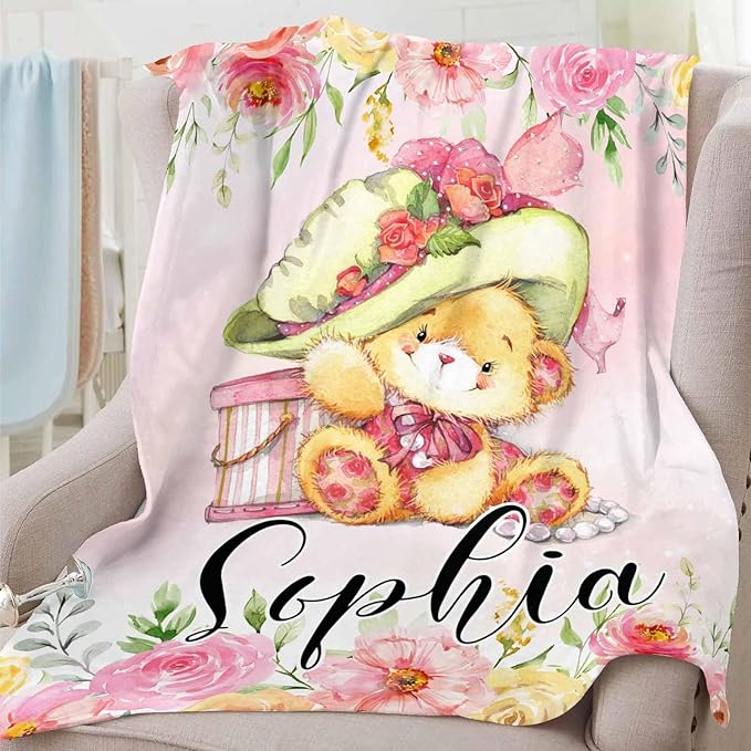 Ship Next Day, Personalized Baby Blankets with Name,Cute Little Bear Blankets for Kids,Super Soft Fleece Custom Baby Blanket for Boys,Girl, Personalized Gifts for Newborn