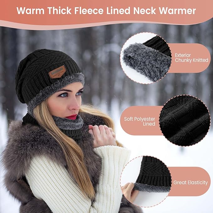Winter Beanie Hat Circle Scarf Touchscreen Gloves Set, Snow Knit Skull Cap, Warm Thick Fleece Lined Neck Warmer for Men Women