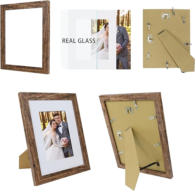 8x10 Picture Frame Set of 4, Made of Real Glass and Rustic Brown Wooden Frame, 8 by 10 Photo for Wall or Tabletop - Display Picture 5x7 with Mat or 8x10 Without Mat