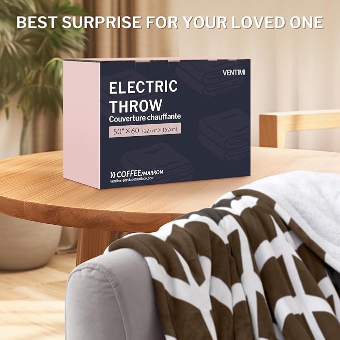 VENTIMI Electric Blanket Heated Throw, 50" x 60" Heated Blanket with 5 Heat Levels & 3 Hours Auto Off, Fast Heating Blanket with ETL & FCC Certification, Coffee