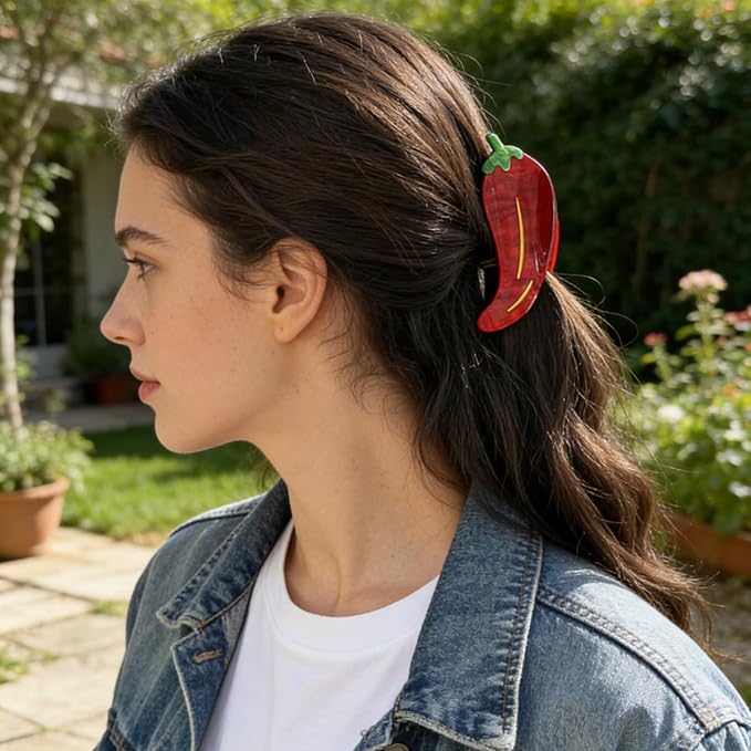 Red Chili Pepper Hair Clips Vegetable Hair Claw Clips Acrylic Hair Jaw Clip | Strong Hold Hair Barrettes Funny Chili Hair Clamp with Leaf Summer Autumn Winter Daily Holiday Hairstyle Accessory for Women