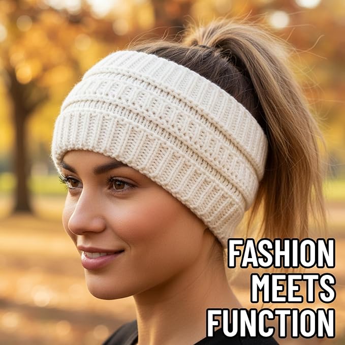 2-Pack Winter Headbands with Plush Fleece Lining, Fleece Ear Warmer Headbands for Women, Black and White Yarn Head Warmers for Outdoor Activities ﻿