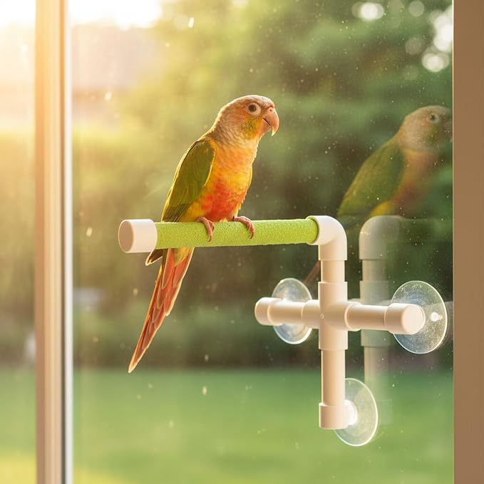 Hypeety Portable Suction Cup Bird Window and Shower Perch Toy Parrot Stand | 3 strong suction cups, parrot bath perch with quartz sand surface, fits windows/tile, for parakeets/budgies/cockatiels, green