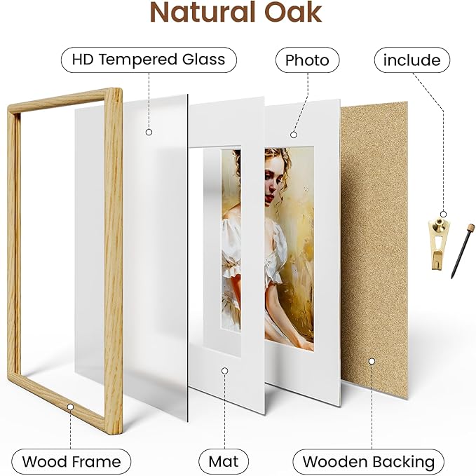 20x20 Picture Frame Natural Oak Wood From California-USA with Real Tempered Glass, Handcrafted 20x20 Photo Frame Matted to 16x16 Wedding Photo,Family Picture,Graduation Picture Display on Table & Wall