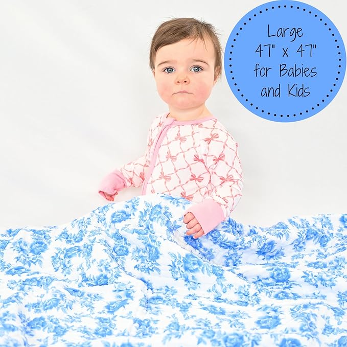 LollyBanks Muslin Baby Blanket 100% Organic Cotton, Muslin Quilt Lightweight, Muslin Blanket for Girls, 6 Layers Baby Blankets 47"x 47", Soft Nursery Receiving Blankets (Blue Peony Print)