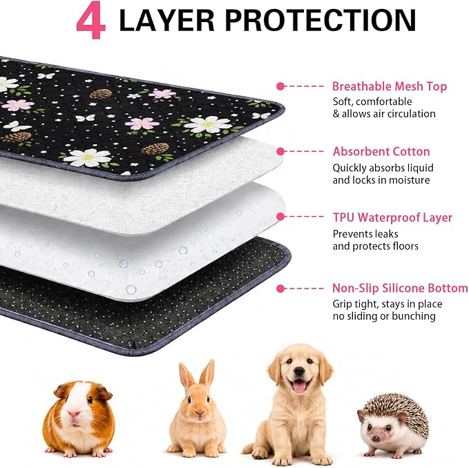 Guinea Pig Cage Liner 2 Pack Super Absorbent Washable Guinea Pig Pee Pads Waterproof Reusable Anti Slip Bedding Pee Pad Mat for Rabbit Bunny Rat Cat (Flowers, 48" x 24" (2 Pack))