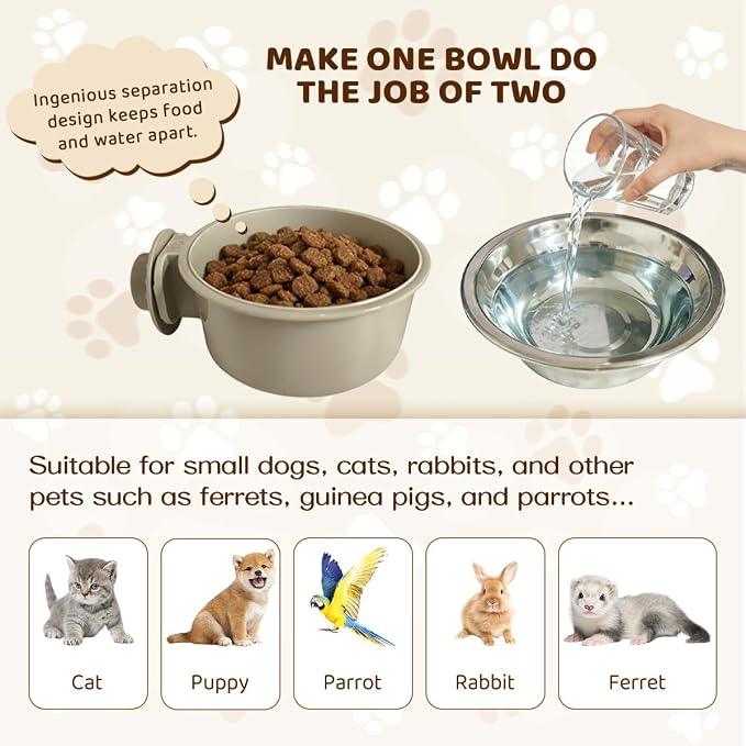 2Pcs Pets Lightweight Stainless Steel Bowl,Removable Stainless Steel Pet Hanging Food Water Feeder Bowl for Puppy Dog Cat Rabbit Ferret Bird Gunea Pigs (Gray-Small)