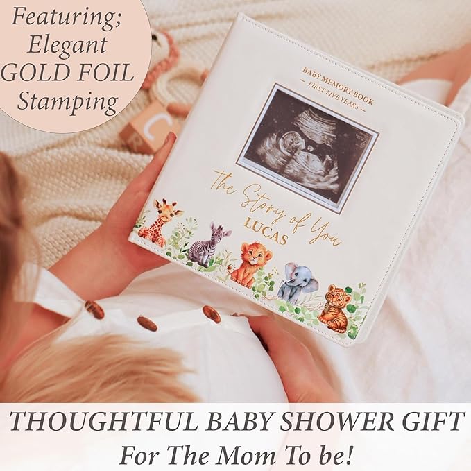 PERSONALIZED Baby Book – Baby Memory Book Keepsake for Boy or Girl I First 5 Year I Faux Leather, Gender Neutral, Safari Theme w/Gold Foil Stamp - Baby First Year Book Scrapbook Photo Album Shower