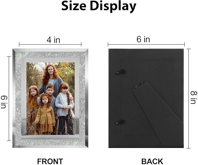 4x6 Picture Frames Silver - Set of 4, Sparkle Real Glass 4 by 6 Photo Frame Mirrored Edge Great Gift, for Tabletop Display, Wedding Birthday Christmas Day Gifts (4 x 6, Glitter Silver)