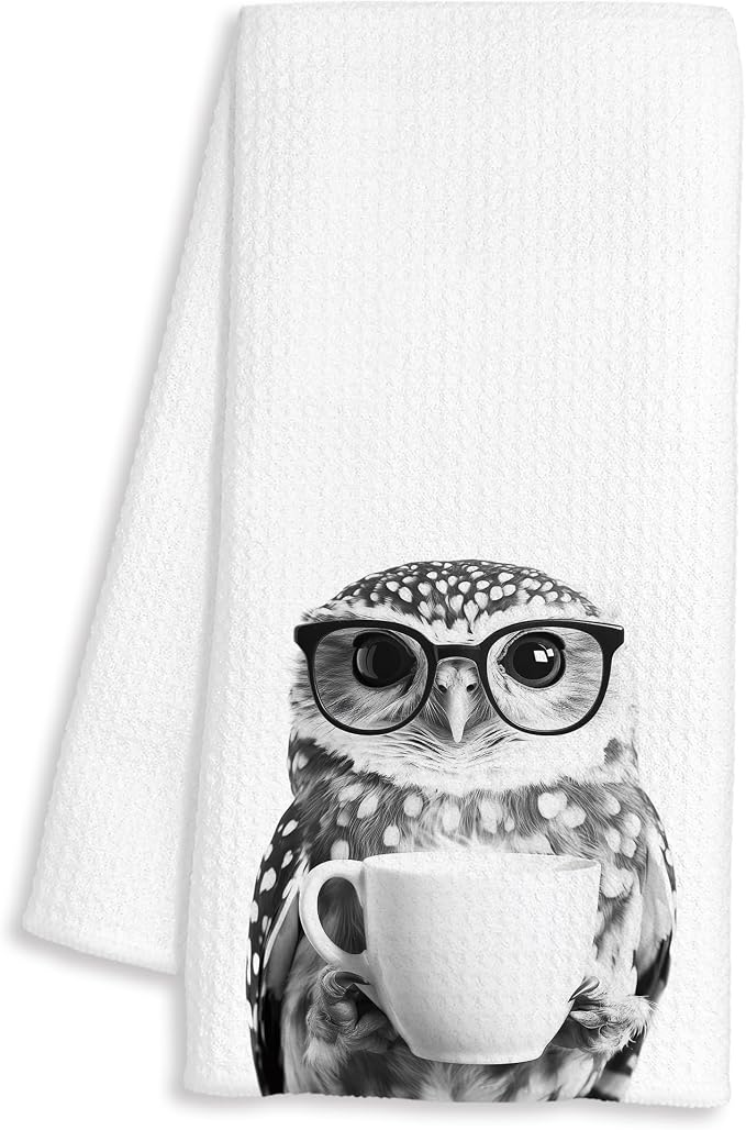 Funny Owl Decor Coffee Kitchen Towels Gift, Gifts for Owl Lovers, Coffee Gifts for Women, Animal Lover Gift Decorative Dish Hand Tea Towels for Kitchen Bar Decor, 16x24 Inch