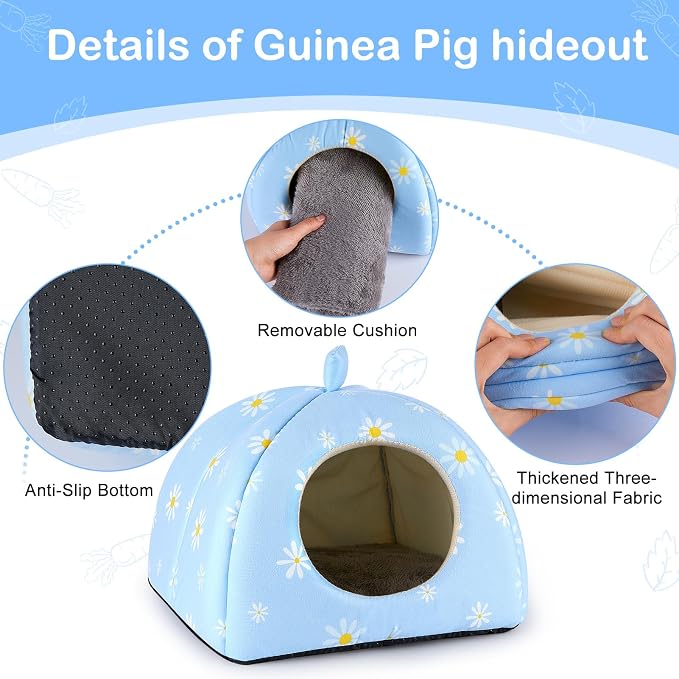 Guinea Pig Hideout, Bienbee Washable Rabbit Bed with Guinea Pig Tunnel, 2 Pack Guinea Pigs Toys Set Bunny Hideout Cage Accessories for Hamster Ferret Rabbits Bunny, Blue Daisy