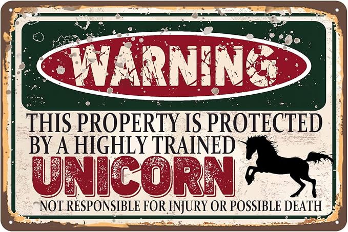 RCXsigns Vintage Unicorn Metal Sign， Warning this property is protected bY a highly trained Unicorn Sign Funny Tin Signs 12x8 Inch